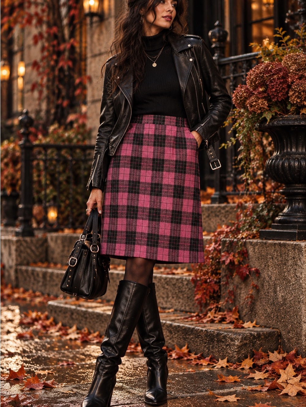 Pink Black Plaid Wool Blend A-Line Skirt Preppy Punk Autumn Fall Fashion